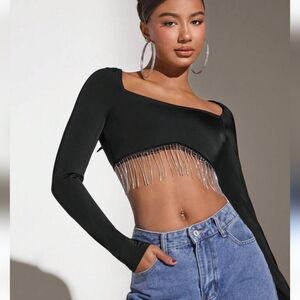 SHEIN Reglan Long Sleeves Rhinestone fringe crop top fits S
